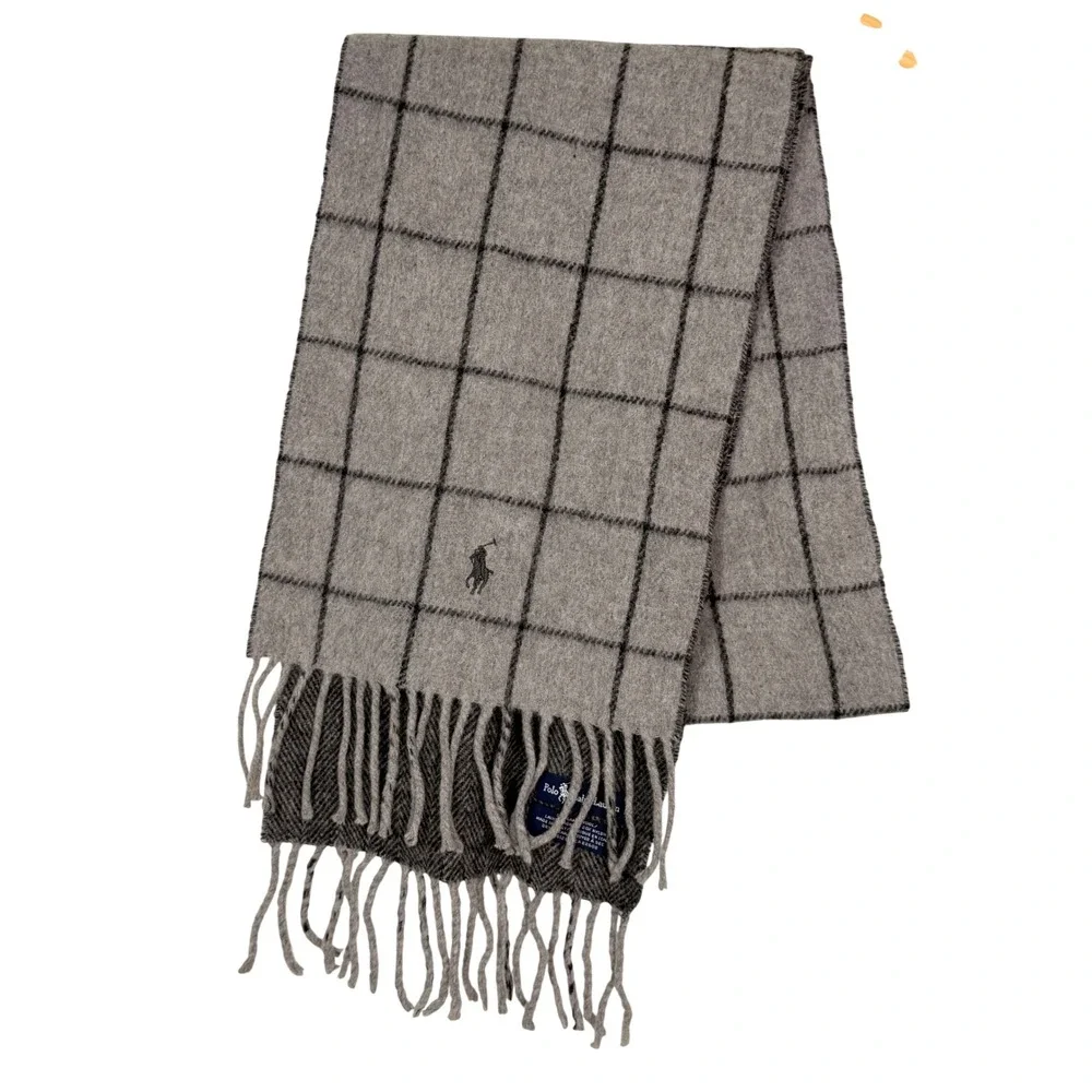 Polo Ralph Lauren Grey Windowpane Check Wool Blend Fringed Scarf Pony Logo